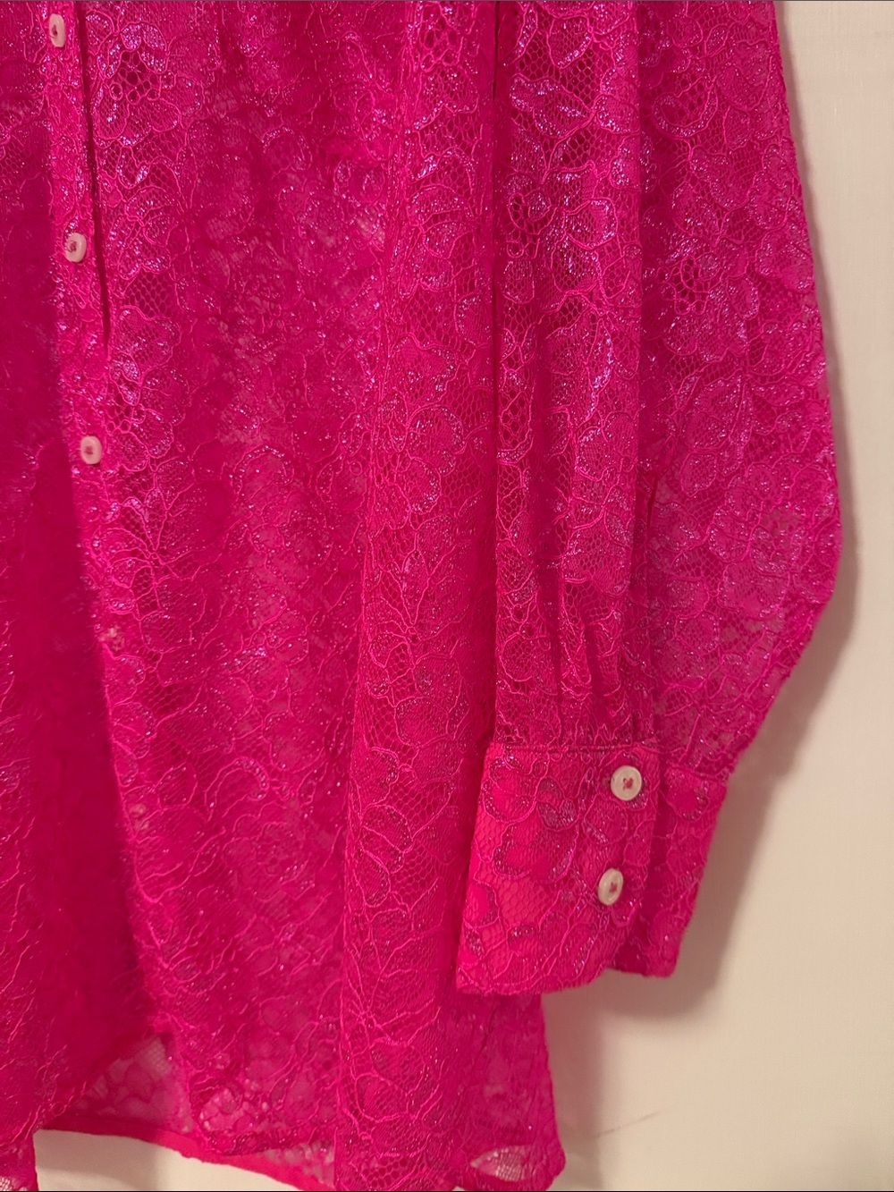 Anthro Anthropologie Glitter Lurex Hot Pink Lace Button Up Blouse Shirt Plus 3X - Picture 6 of 12